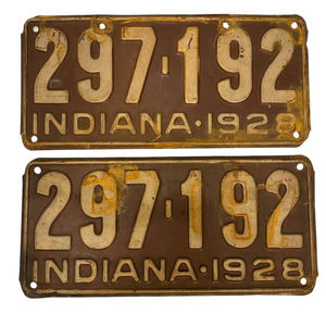 Pair Vintage 1928 Indiana License Plates Tags 297192 Rustic Classic Car Man Cave